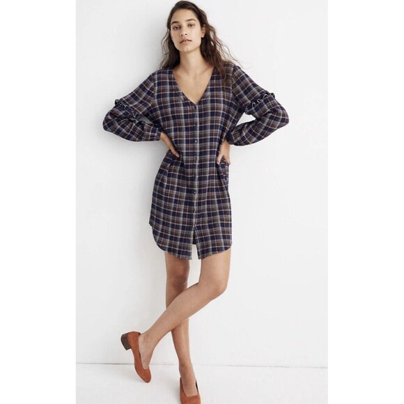 Madewell Dresses & Skirts - Madewell Plaid Ruffle Sleeve Button Down Shirtdress Size Small Preppy Cottage